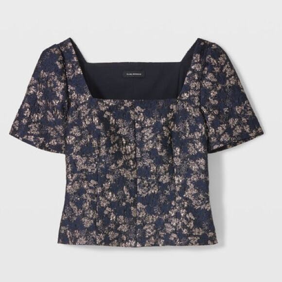 Club Monaco NWT Navy Blue Metallic Brocade Puff Sleeve Top Short Sleeve Size 12 - Picture 5 of 9